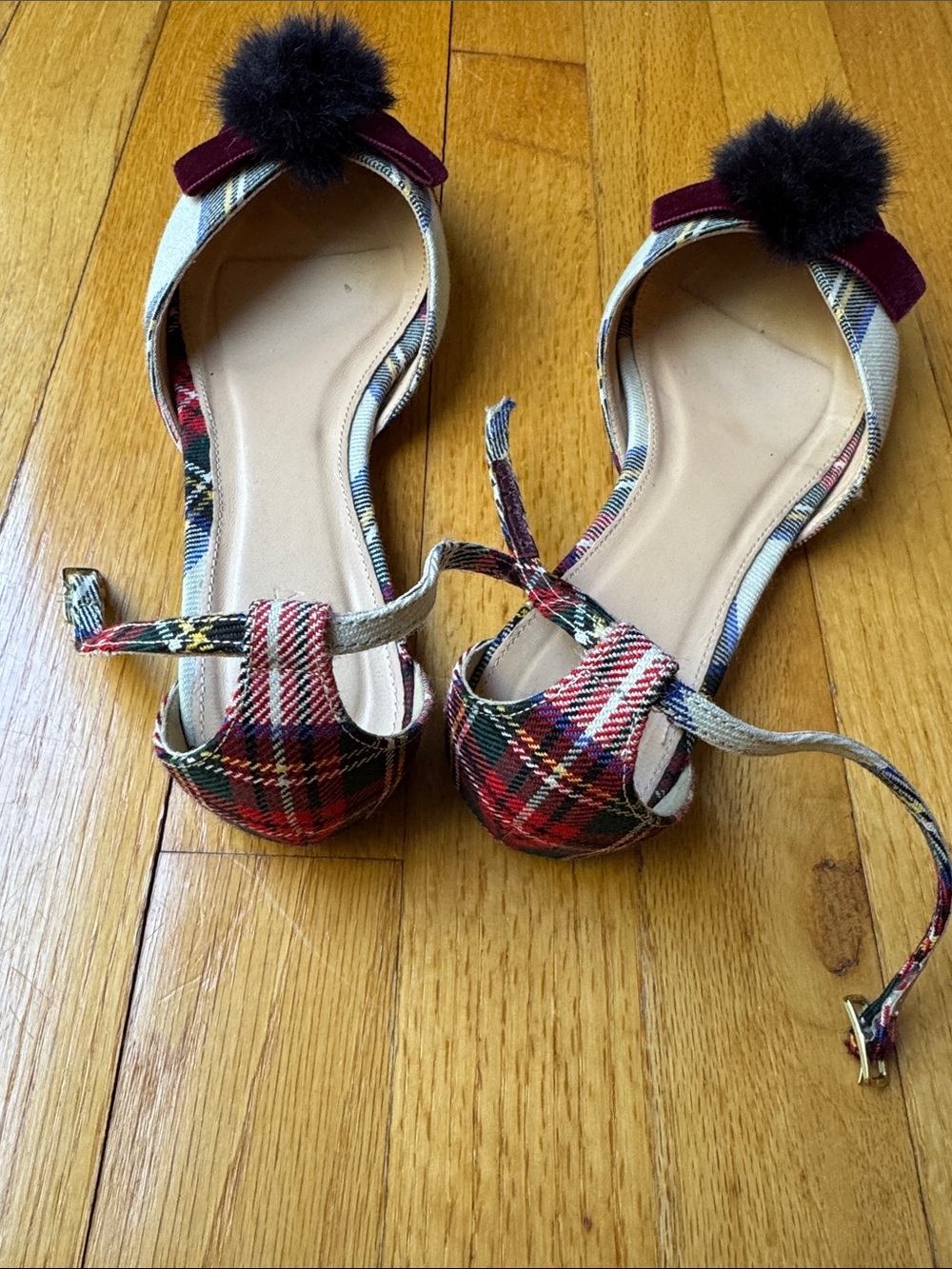 J. Crew Red and Black Plaid Pointed Slingback Flats with Pom Detail - Picture 4 of 4